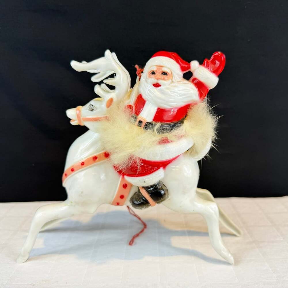 Vintage 1950s Hard Plastic Santa Riding A Reindeer Christmas Ornament